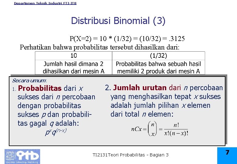 Departemen Teknik Industri FTI-ITB Distribusi Binomial (3) P(X=2) = 10 * (1/32) = (10/32)