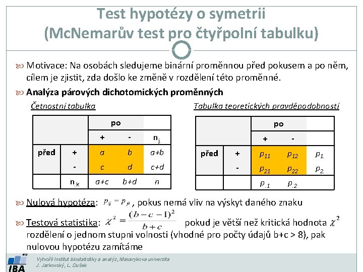Test hypotézy o symetrii (Mc. Nemarův test pro čtyřpolní tabulku) Motivace: Na osobách sledujeme