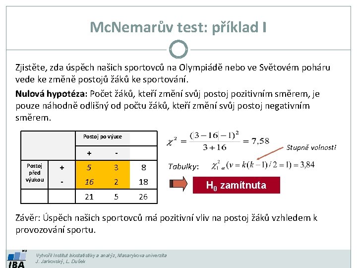 Mc. Nemarův test: příklad I Zjistěte, zda úspěch našich sportovců na Olympiádě nebo ve