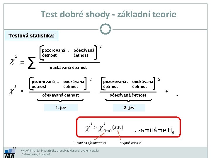 Test dobré shody - základní teorie Testová statistika: = = ∑ pozorovaná četnost očekávaná