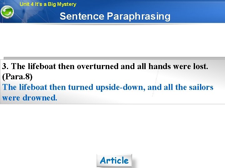 Unit 4 It’s a Big Mystery Sentence Paraphrasing 3. The lifeboat then overturned and