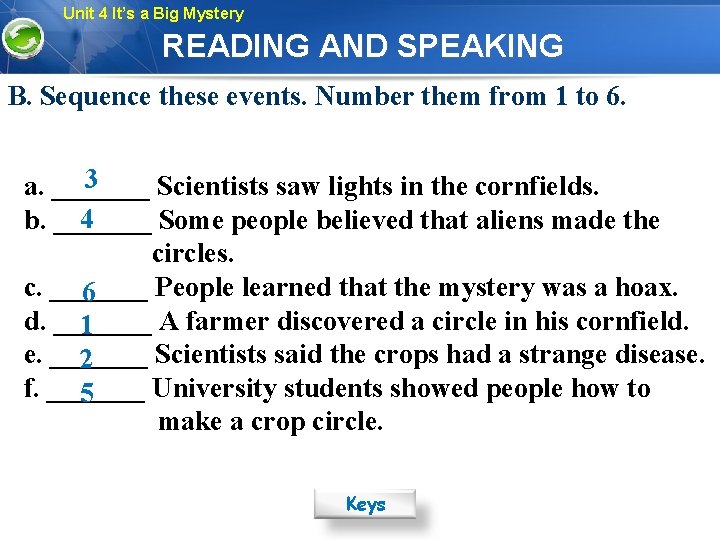 Unit 4 It’s a Big Mystery READING AND SPEAKING B. Sequence these events. Number