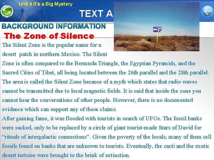 Unit 4 It’s a Big Mystery TEXT A The Zone of Silence The Silent