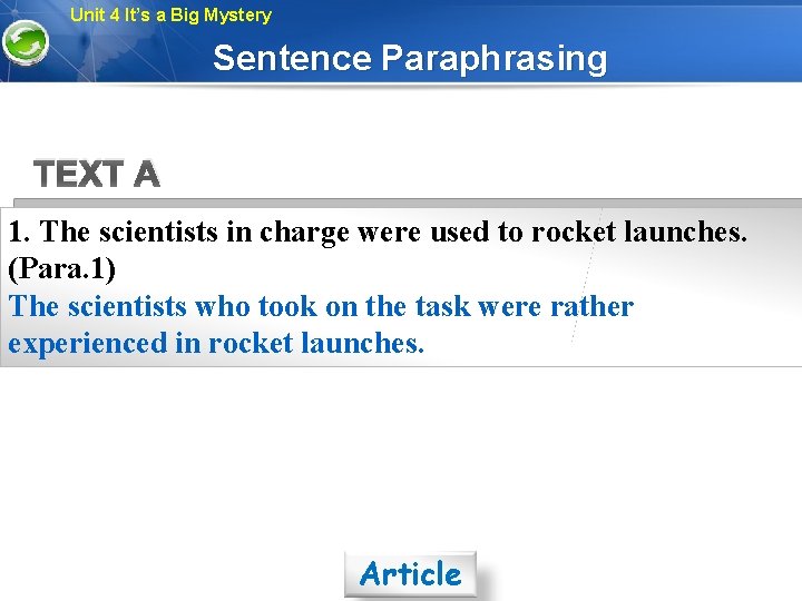 Unit 4 It’s a Big Mystery Sentence Paraphrasing TEXT A 1. The scientists in