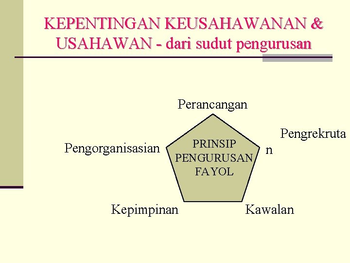 KEPENTINGAN KEUSAHAWANAN & USAHAWAN - dari sudut pengurusan Perancangan Pengorganisasian PRINSIP PENGURUSAN FAYOL Kepimpinan