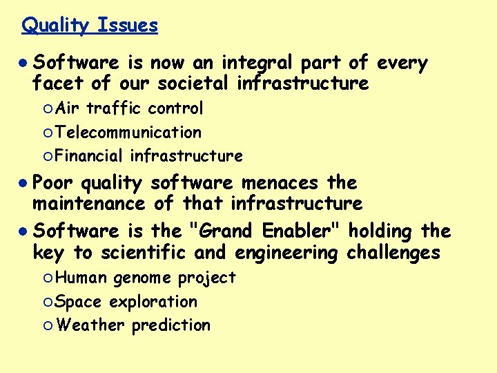 Quality Issues Software is now an integral part of every facet of our societal