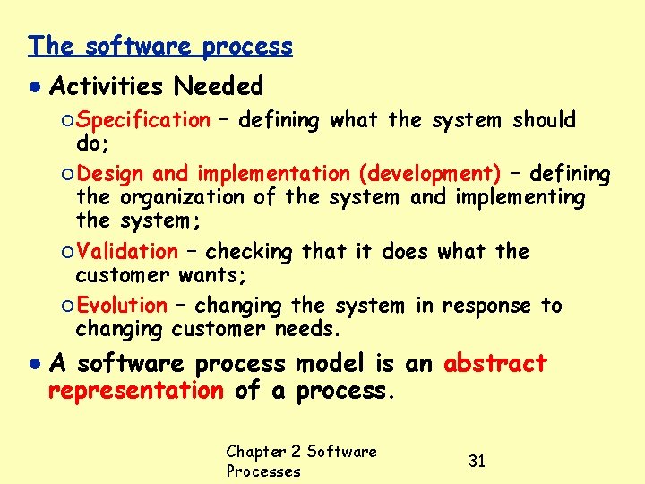 The software process Activities Needed ¡ Specification – defining what the system should do;