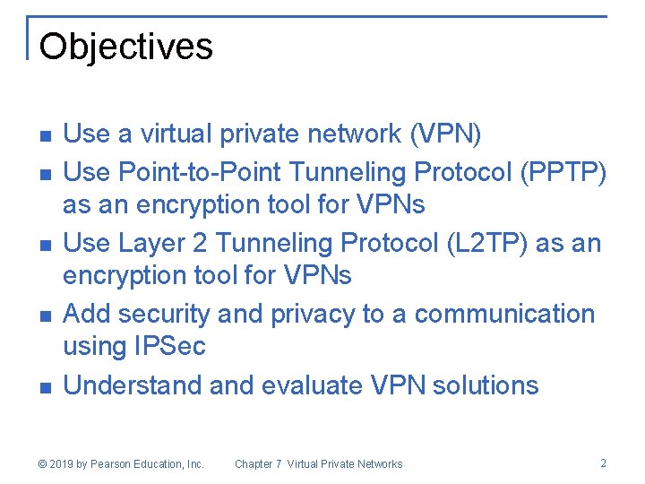 Objectives n n n Use a virtual private network (VPN) Use Point-to-Point Tunneling Protocol