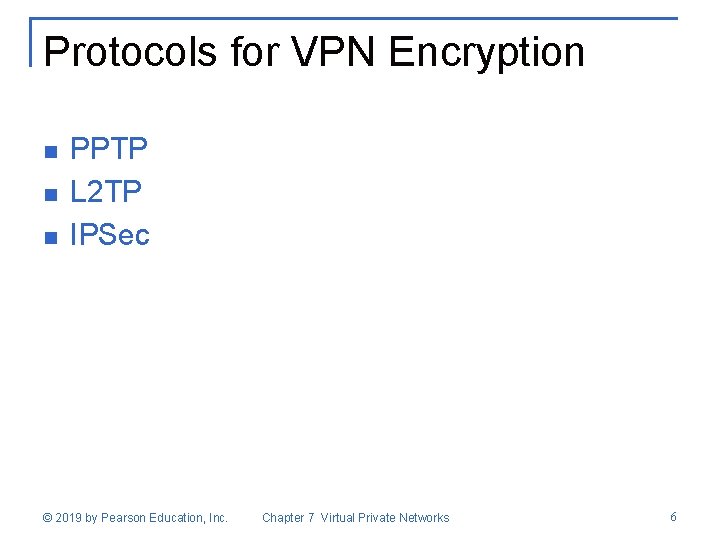 Protocols for VPN Encryption n PPTP L 2 TP IPSec © 2019 by Pearson