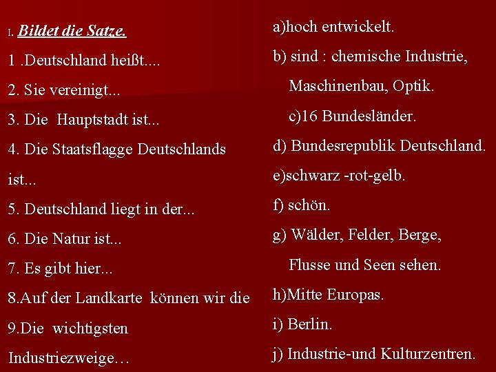 I. Bildet die Satze. 1. Deutschland heißt. . a)hoch entwickelt. b) sind : chemische