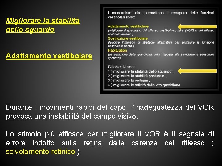 Migliorare la stabilità dello sguardo Adattamento vestibolare Durante i movimenti rapidi del capo, l’inadeguatezza