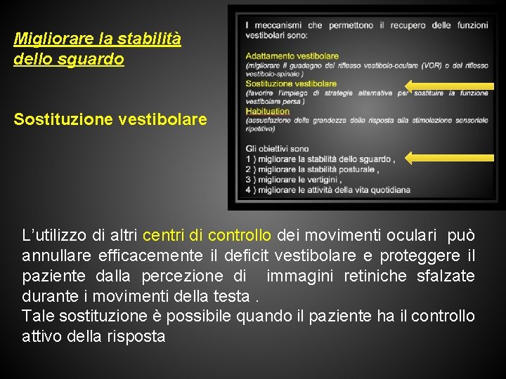 Migliorare la stabilità dello sguardo Sostituzione vestibolare L’utilizzo di altri centri di controllo dei