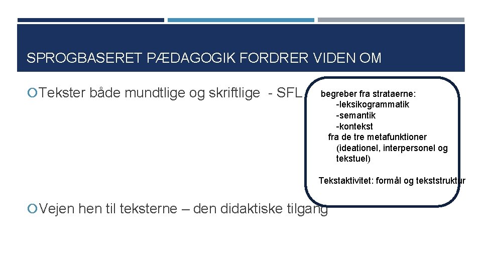 SPROGBASERET PÆDAGOGIK FORDRER VIDEN OM Tekster både mundtlige og skriftlige - SFL begreber fra