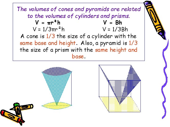 The volumes of cones and pyramids are related to the volumes of cylinders and