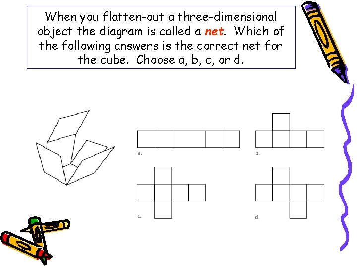 When you flatten-out a three-dimensional object the diagram is called a net. Which of