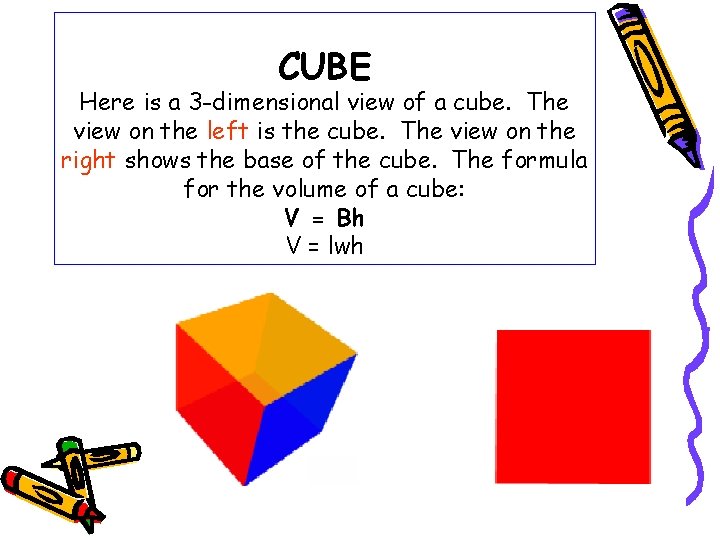 CUBE Here is a 3 -dimensional view of a cube. The view on the