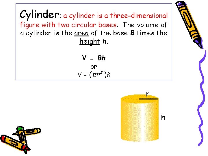 Cylinder: a cylinder is a three-dimensional figure with two circular bases. The volume of