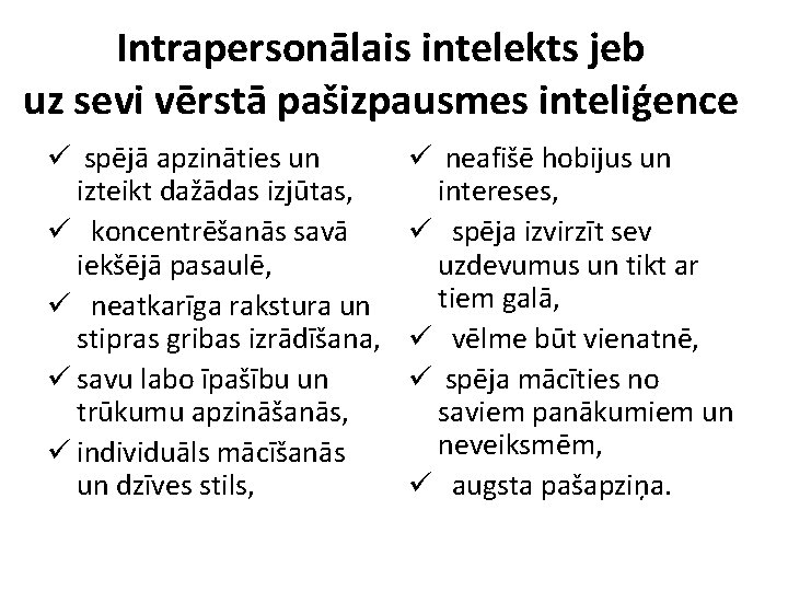 Intrapersonālais intelekts jeb uz sevi vērstā pašizpausmes inteliģence ü spējā apzināties un izteikt dažādas Intrapersonālais intelekts jeb uz sevi vērstā pašizpausmes inteliģence ü spējā apzināties un izteikt dažādas