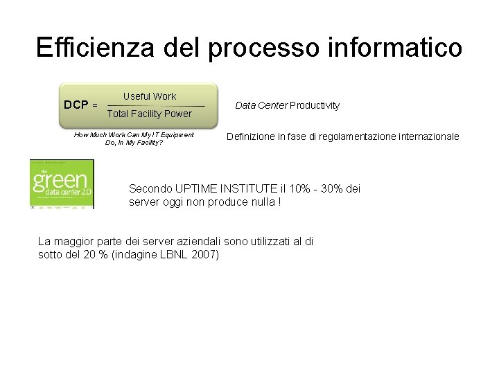 Efficienza del processo informatico DCP = Useful Work Total Facility Power How Much Work