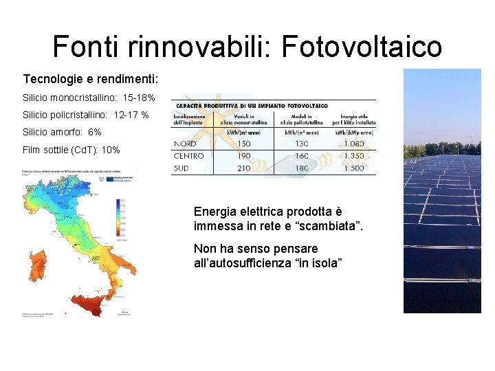 Fonti rinnovabili: Fotovoltaico Tecnologie e rendimenti: Silicio monocristallino: 15 -18% Silicio policristallino: 12 -17