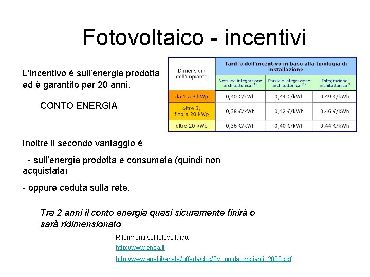 Fotovoltaico - incentivi L’incentivo è sull’energia prodotta ed è garantito per 20 anni. CONTO