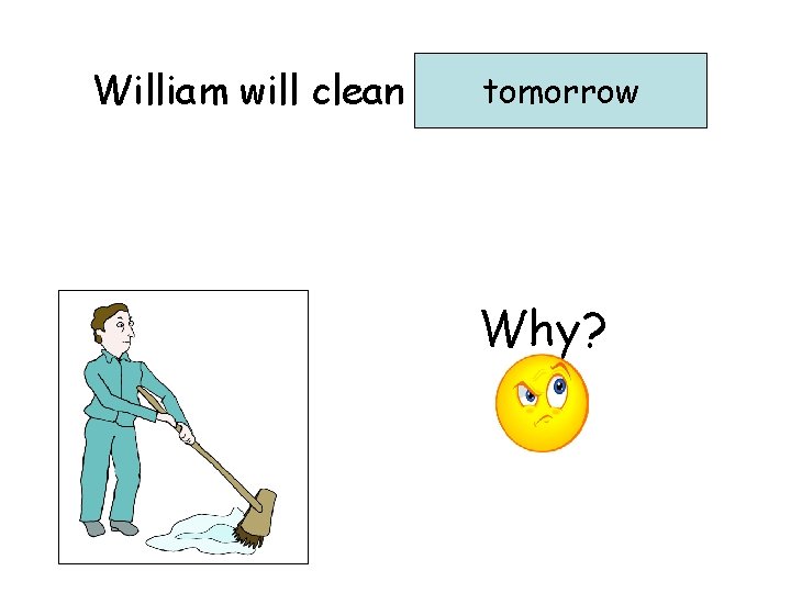 tomorrow William will clean …………. . Why? 