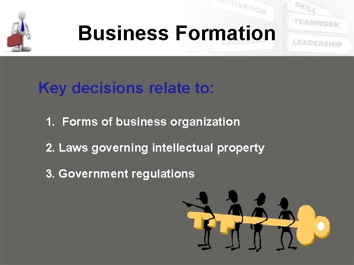 Business Formation Key decisions relate to: 1. Forms of business organization 2. Laws governing