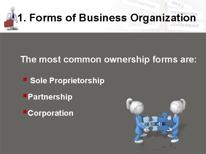 1. Forms of Business Organization : The most common ownership forms are: § Sole