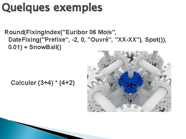 Quelques exemples Round(Fixing. Index("Euribor 06 Mois", Date. Fixing("Prefixe", -2, 0, "Ouvré", "XX-XX"), Spot()), 0.