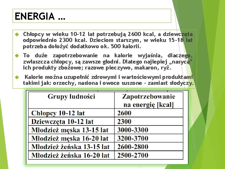 ENERGIA … Chłopcy w wieku 10 -12 lat potrzebują 2600 kcal, a dziewczęta odpowiednio