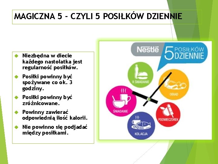 MAGICZNA 5 - CZYLI 5 POSIŁKÓW DZIENNIE Niezbędna w diecie każdego nastolatka jest regularność