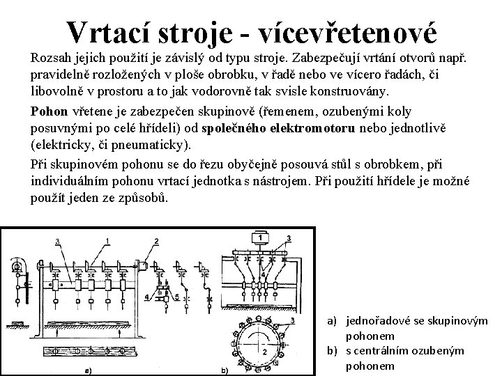 Vrtací stroje - vícevřetenové Rozsah jejich použití je závislý od typu stroje. Zabezpečují vrtání