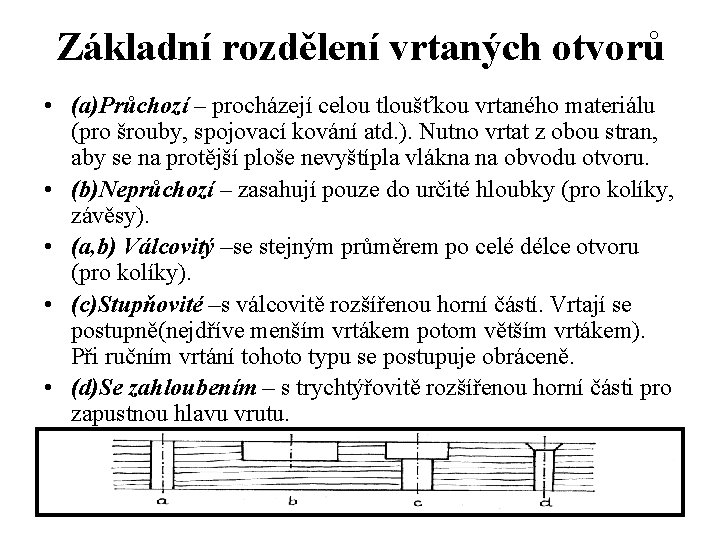 Základní rozdělení vrtaných otvorů • (a)Průchozí – procházejí celou tloušťkou vrtaného materiálu (pro šrouby,