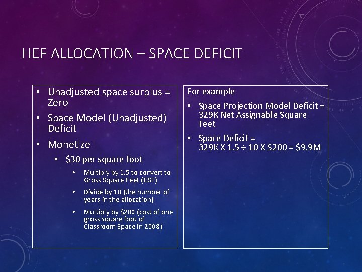 HEF ALLOCATION – SPACE DEFICIT • Unadjusted space surplus = Zero • Space Model