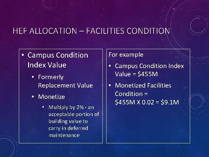 HEF ALLOCATION – FACILITIES CONDITION • Campus Condition Index Value • Formerly Replacement Value