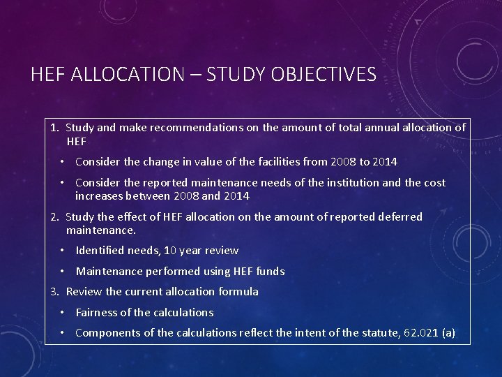 HEF ALLOCATION – STUDY OBJECTIVES 1. Study and make recommendations on the amount of
