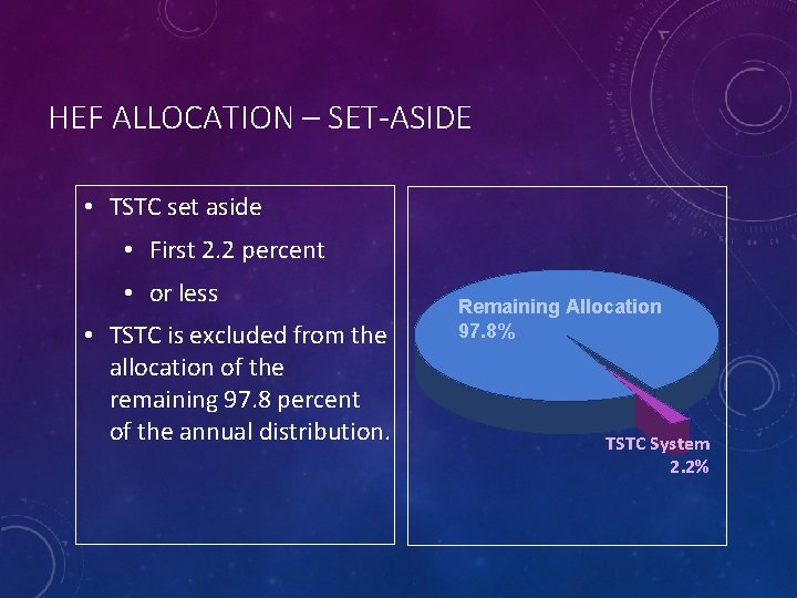 HEF ALLOCATION – SET-ASIDE • TSTC set aside • First 2. 2 percent •