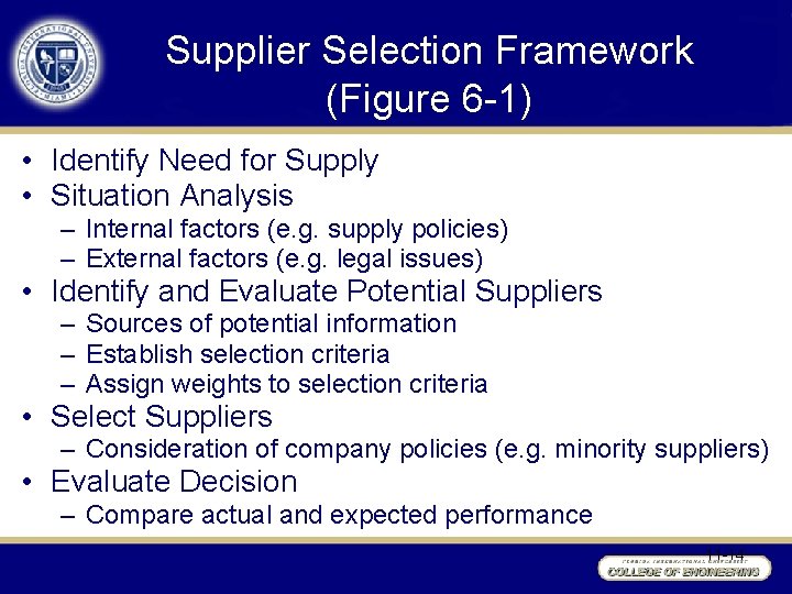 Supplier Selection Framework (Figure 6 -1) • Identify Need for Supply • Situation Analysis