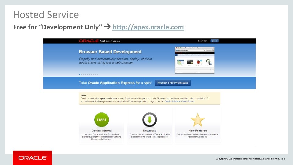 Hosted Service Free for “Development Only” http: //apex. oracle. com Copyright © 2014 Oracle