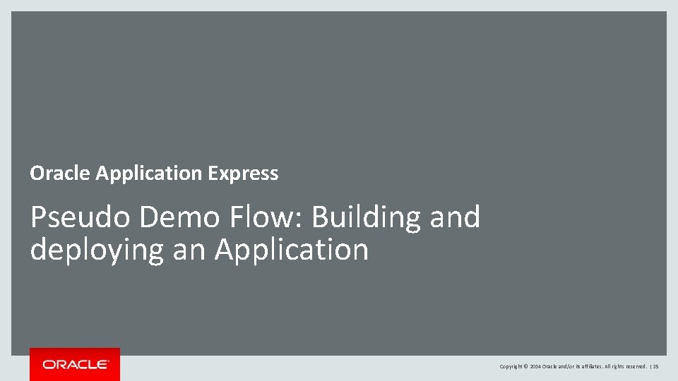Oracle Application Express Pseudo Demo Flow: Building and deploying an Application Copyright © 2014