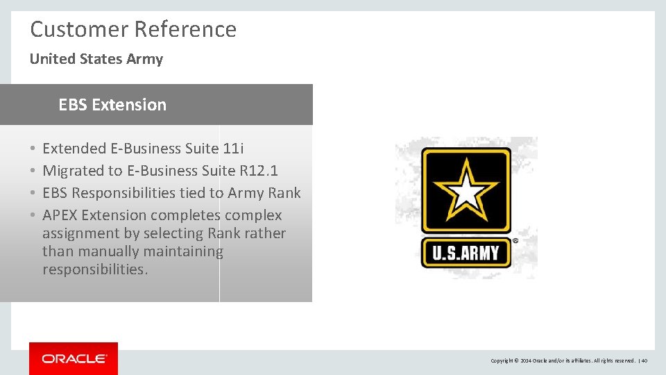 Customer Reference United States Army EBS Extension • • Extended E-Business Suite 11 i