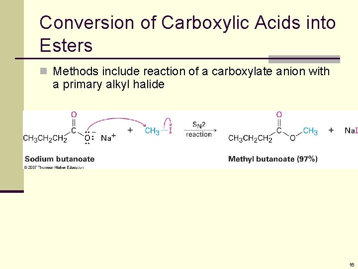 Conversion of Carboxylic Acids into Esters n Methods include reaction of a carboxylate anion