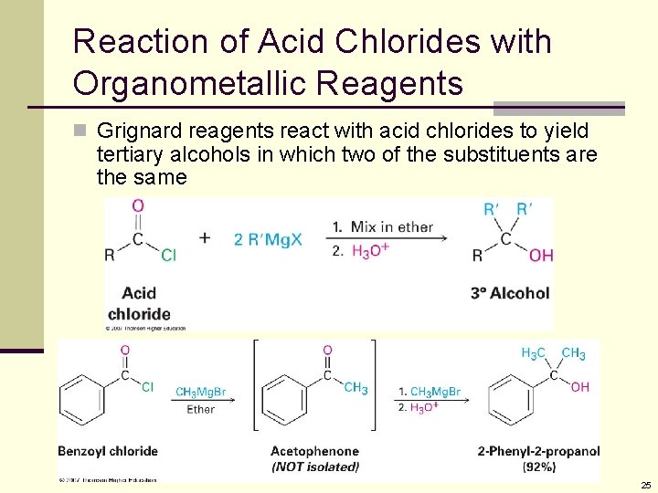Reaction of Acid Chlorides with Organometallic Reagents n Grignard reagents react with acid chlorides