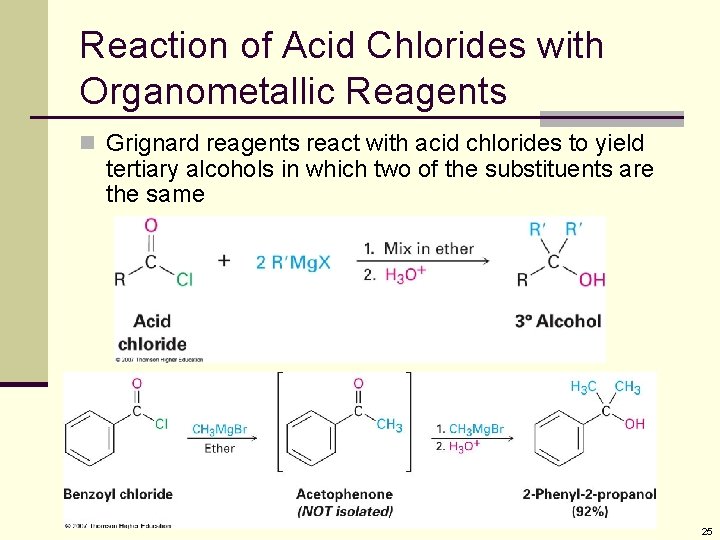 Reaction of Acid Chlorides with Organometallic Reagents n Grignard reagents react with acid chlorides Reaction of Acid Chlorides with Organometallic Reagents n Grignard reagents react with acid chlorides