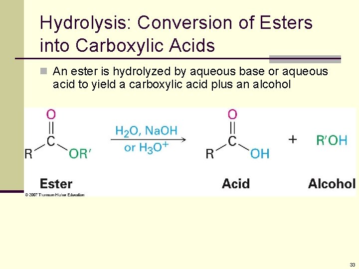Hydrolysis: Conversion of Esters into Carboxylic Acids n An ester is hydrolyzed by aqueous Hydrolysis: Conversion of Esters into Carboxylic Acids n An ester is hydrolyzed by aqueous