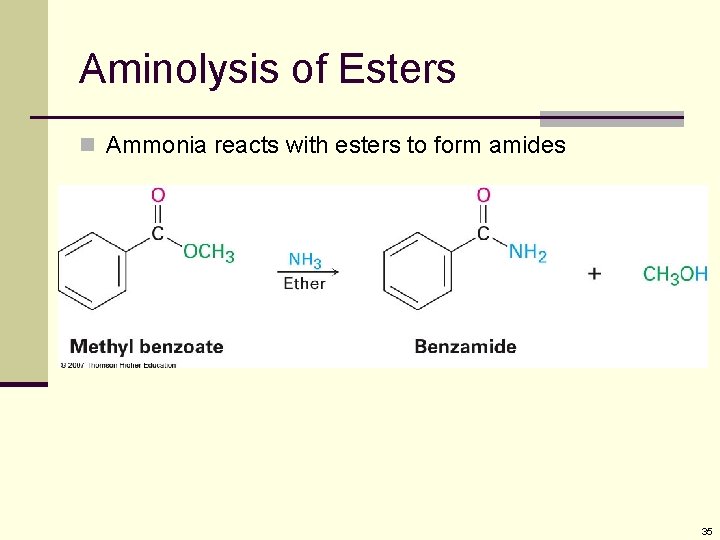 Aminolysis of Esters n Ammonia reacts with esters to form amides 35 Aminolysis of Esters n Ammonia reacts with esters to form amides 35