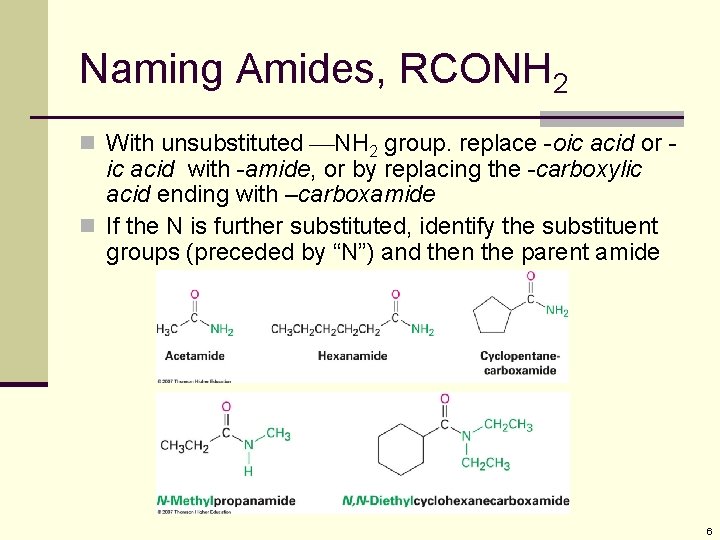 Naming Amides, RCONH 2 n With unsubstituted NH 2 group. replace -oic acid or Naming Amides, RCONH 2 n With unsubstituted NH 2 group. replace -oic acid or