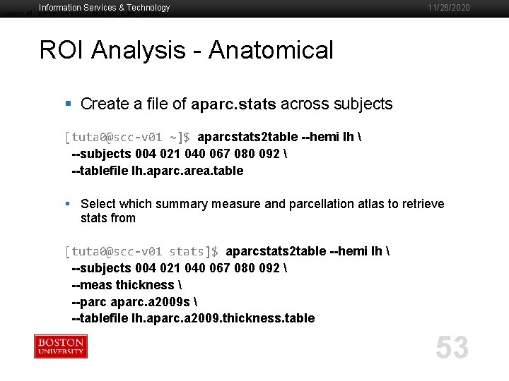 Information Services & Technology recon-all -autorecon-pial -subjid pial_edits_before 11/26/2020 ROI Analysis - Anatomical §
