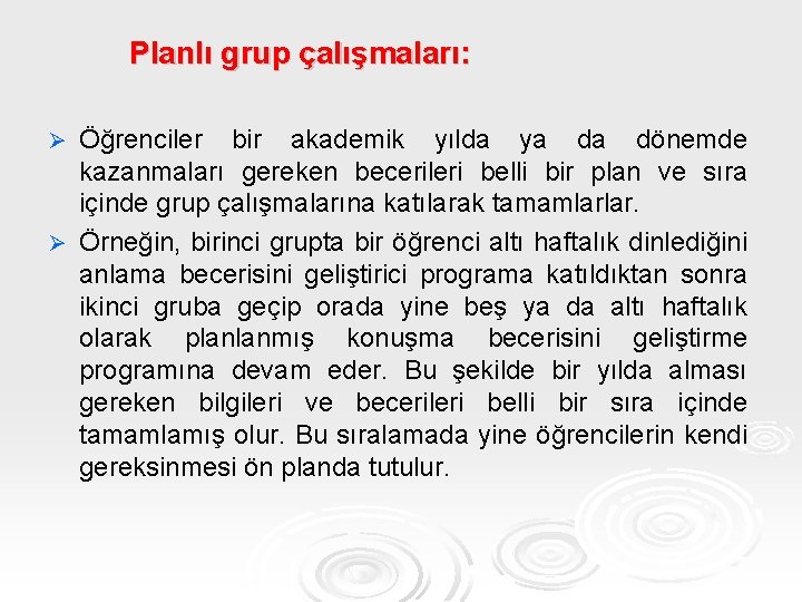 Planlı grup çalışmaları: Öğrenciler bir akademik yılda ya da dönemde kazanmaları gereken becerileri belli