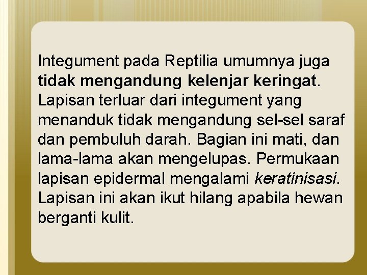 Integument pada Reptilia umumnya juga tidak mengandung kelenjar keringat. Lapisan terluar dari integument yang